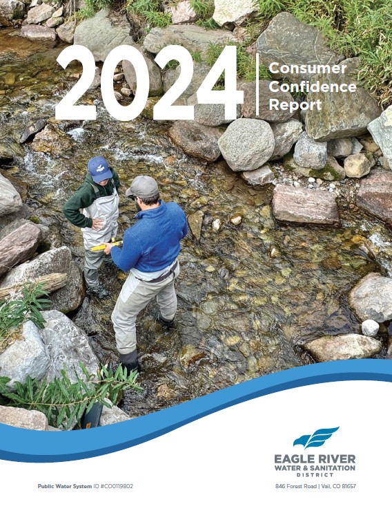 Two people standing in a creek taking water samples.