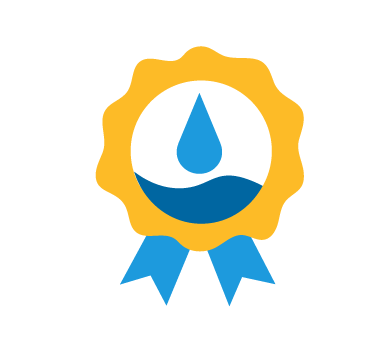 An icon of a medal with a water droplet inside. 