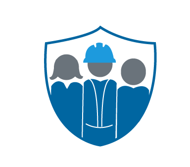 An icon of a badge with three human figures inside. 