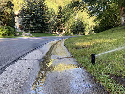 A sprinkler running on the side of the road with water running down the gutter. 